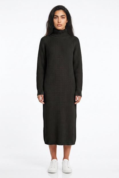 Womens ribbed knit turtleneck midi dress, view 3