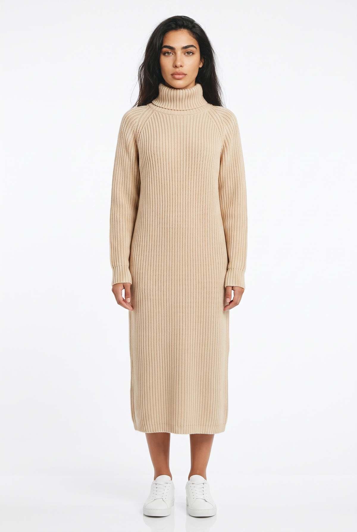 Womens ribbed knit turtleneck midi dress, view 5