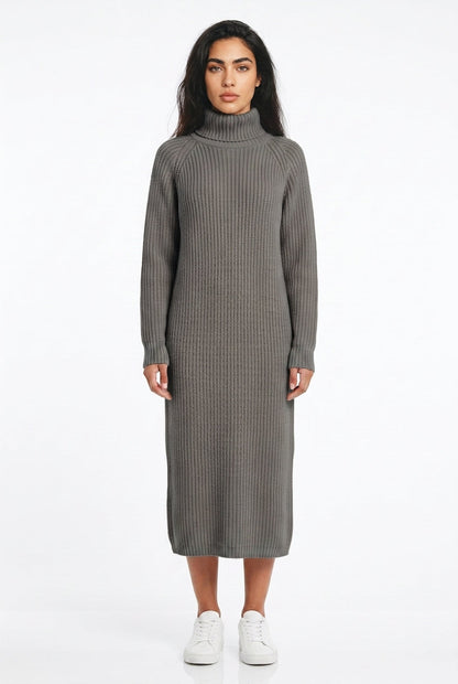 Womens ribbed knit turtleneck midi dress, view 4