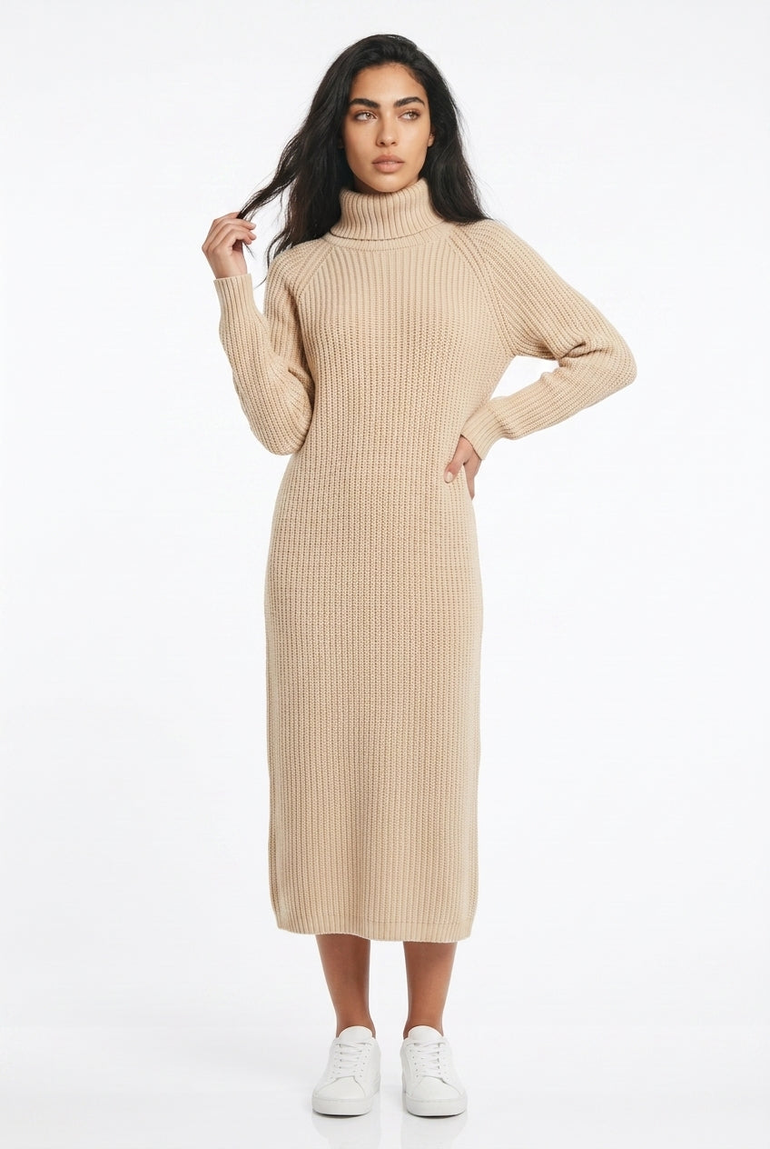 Womens ribbed knit turtleneck midi dress, view 2