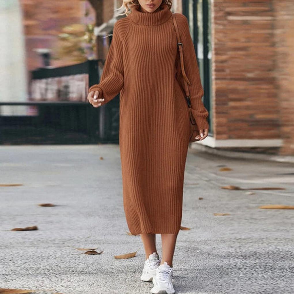 Womens ribbed knit turtleneck midi dress, view 6