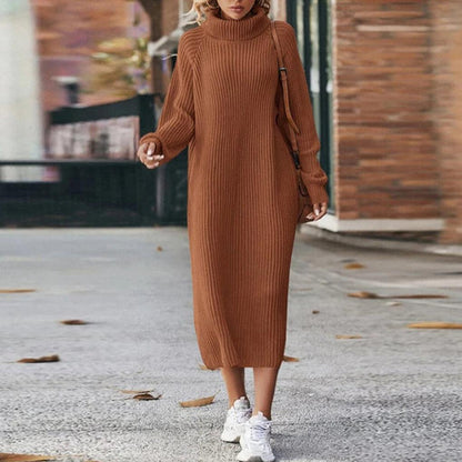 Womens ribbed knit turtleneck midi dress, view 6