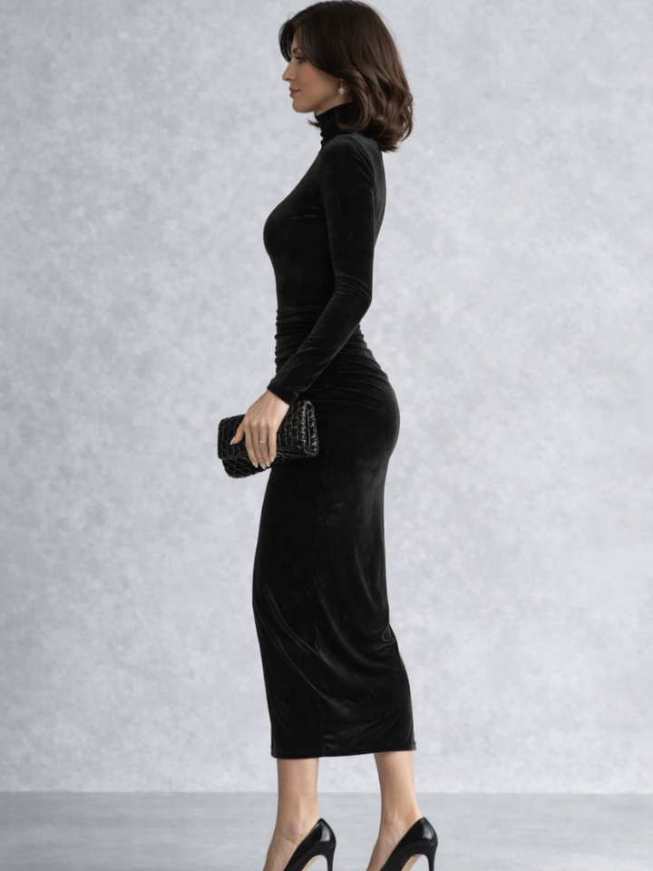 Poppy | Black Velvet Ruched Midi Dress