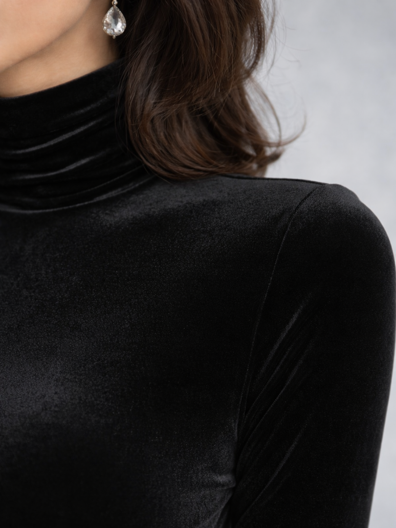 Poppy | Black Velvet Ruched Midi Dress