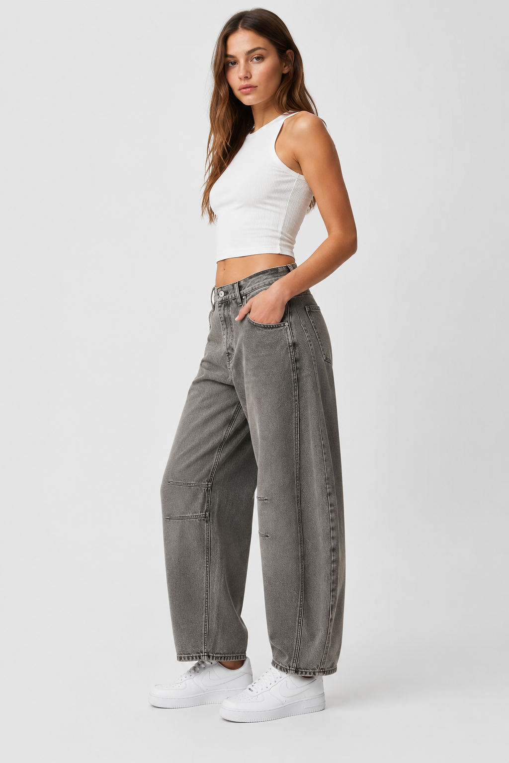 Womens wide leg barrel jeans, view 2