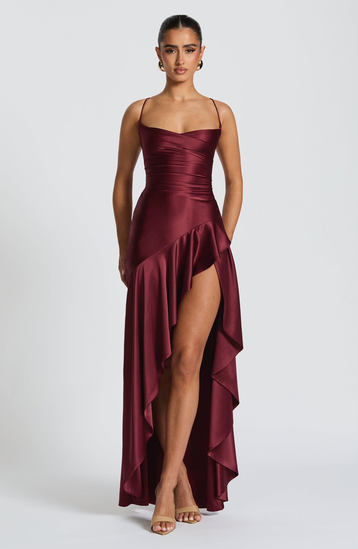 Tilly womens burgundy satin maxi dress