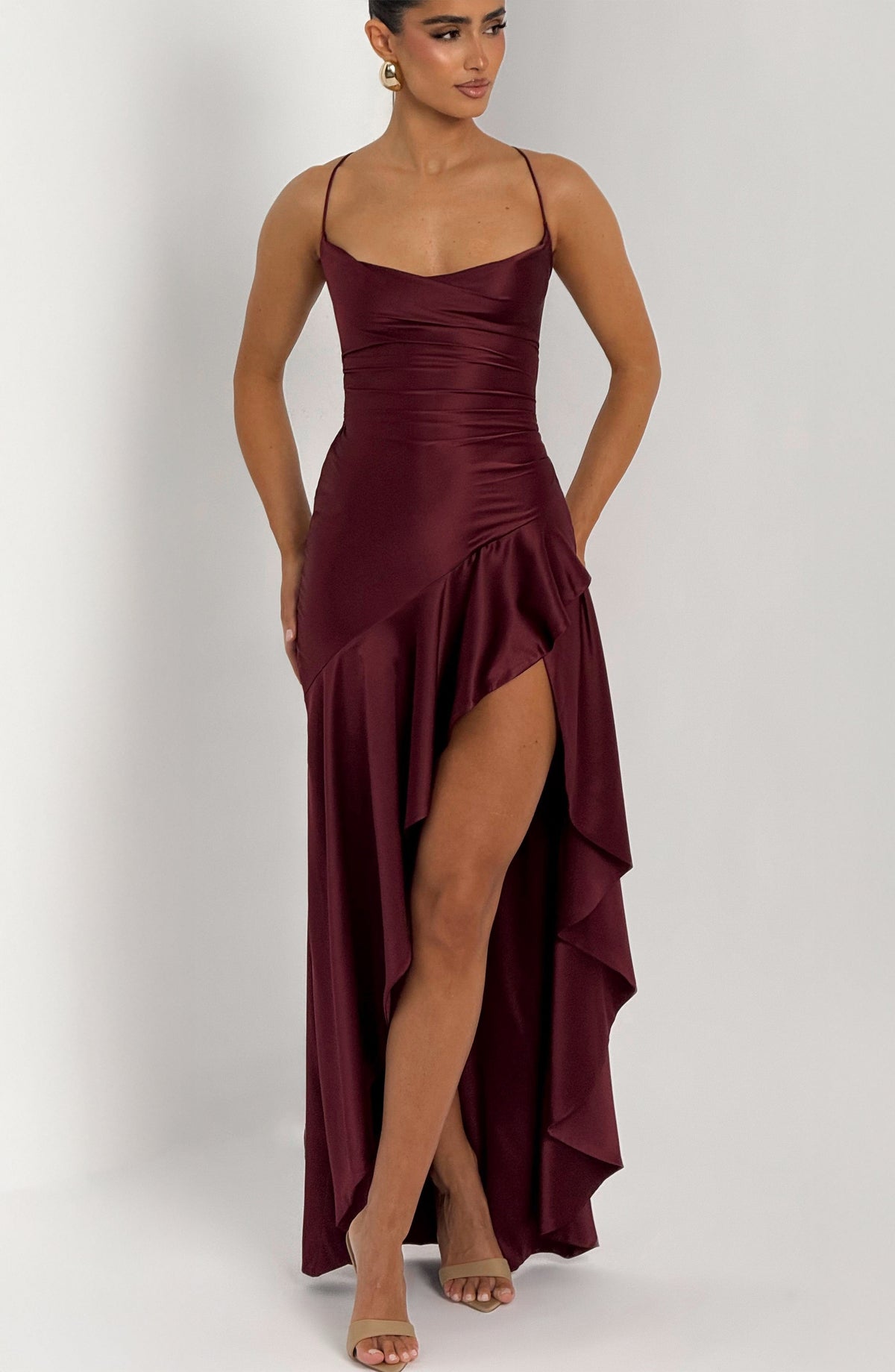 Tilly womens burgundy satin maxi dress