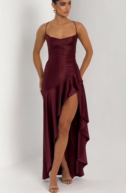 Tilly womens burgundy satin maxi dress
