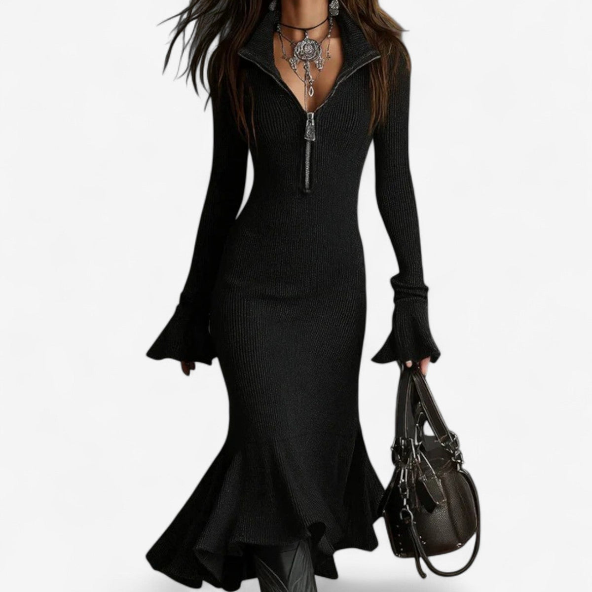 Womens ribbed knit midi dress zip funnel neck, view 4
