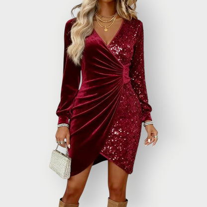 Womens velvet sequin long sleeve mini wrap dress, view 3