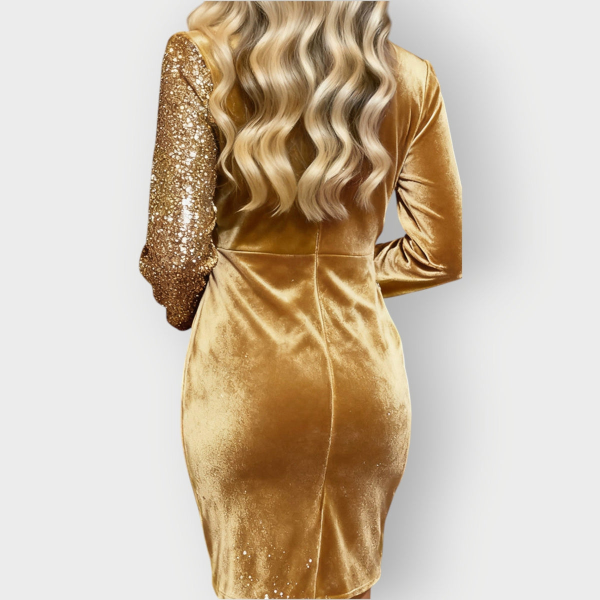 Womens velvet sequin long sleeve mini wrap dress, view 4