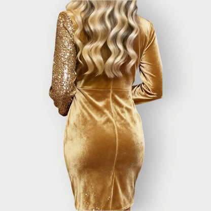Womens velvet sequin long sleeve mini wrap dress, view 4