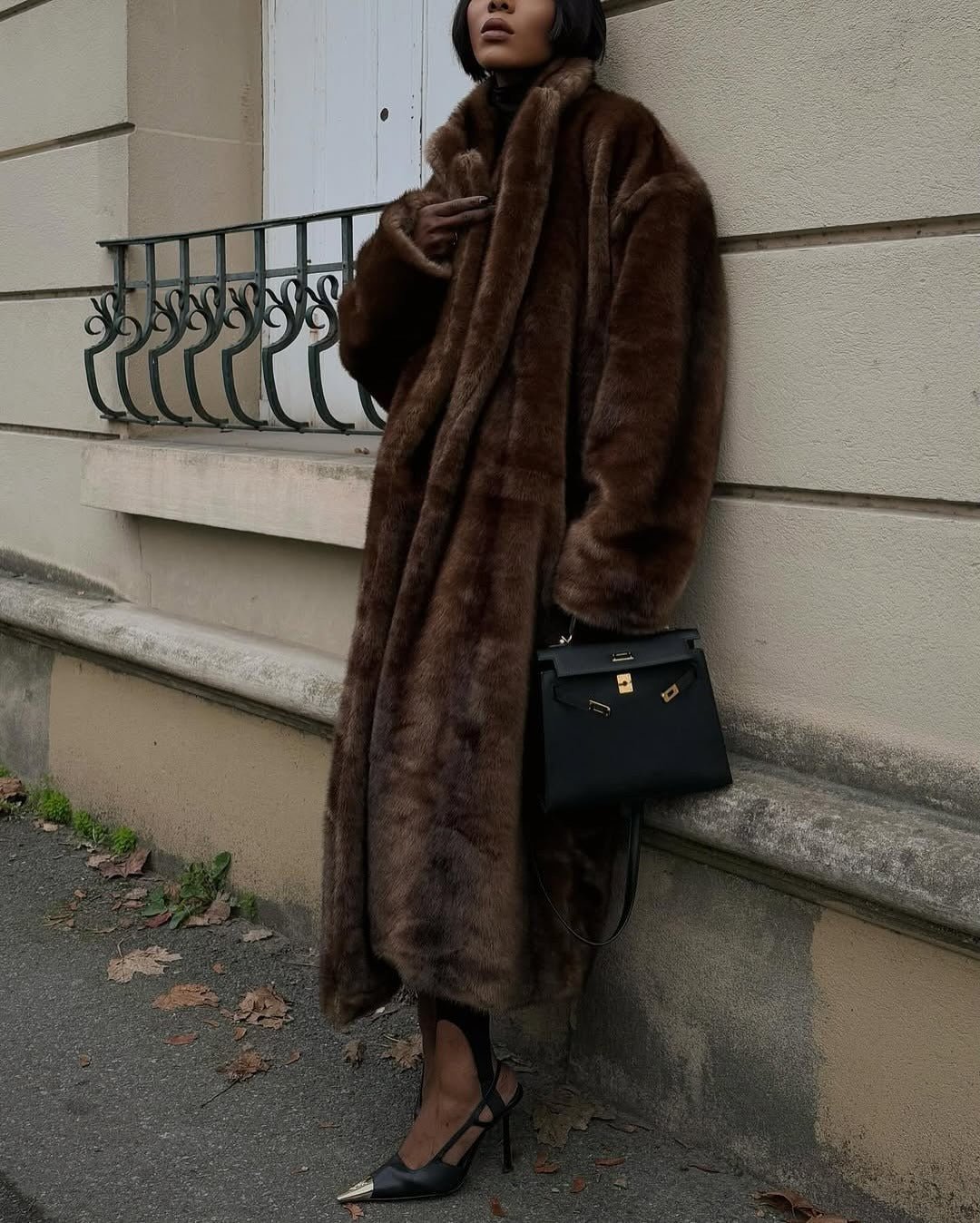 Womens maxi faux fur longline coat brown, view 3