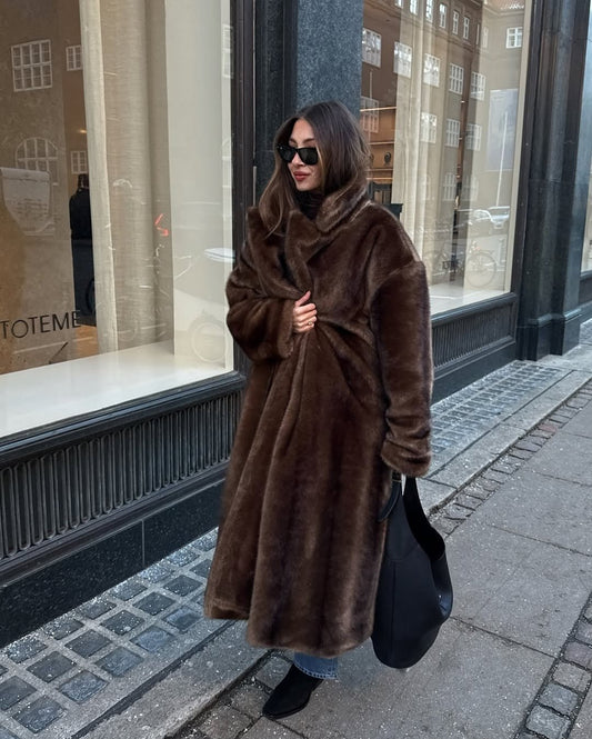 Womens maxi faux fur longline coat brown, view 1