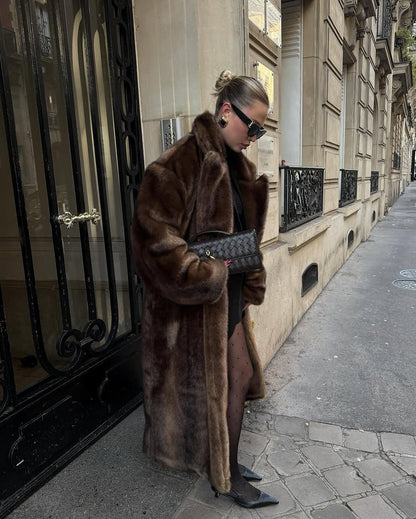 Womens maxi faux fur longline coat brown, view 2
